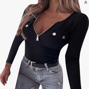 Deep V-Neck, Long Sleeve, Form-fitting, Pullover, Solid Zipper, T-shirt Top